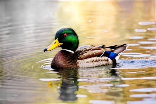 Mallard, green head, yellow bill, brown body, feathers, webbed feet, swimming, rippled water, sunlight reflecting off water, 3/4 composition, shallow depth of field, natural lighting, warm color tone.