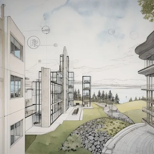 a rendering of a view from an outdoor area in the water,renderings,ohsu,sketchup,skyways,ubc,unbuilt,Unique,Design,Blueprint