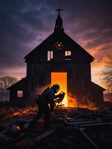 blacksmith,wooden church,blood church,church faith,black church,barn,man praying,apocalypse,sacrifice,burning earth,the black church,burning house,little church,church religion,scorched earth,fallout4,house of prayer,the conflagration,devotion,priesthood,Illustration,Paper based,Paper Based 26