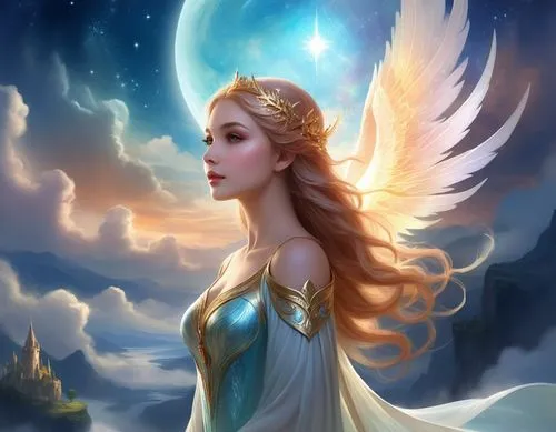 a woman with long hair in a dress in front of a moon and sky,angel,archangel,fantasy picture,anjo,angel wings,frigga,Illustration,Realistic Fantasy,Realistic Fantasy 01