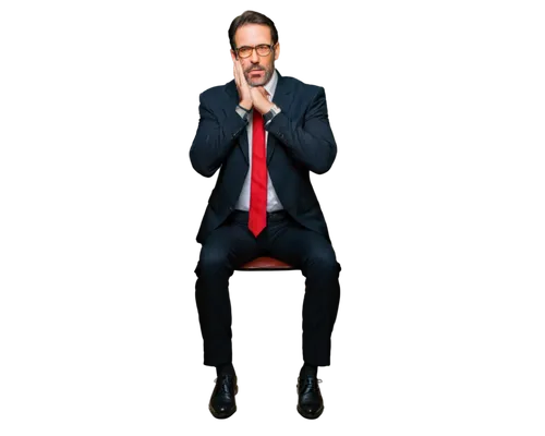 Mature man, businessman, solo, (40yo), confident expression, glasses, black hair, trimmed beard, black suit, white shirt, red tie, leather shoes, sitting at desk, hands clasped together, serious facia