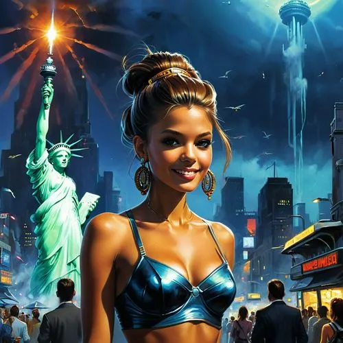 sci fiction illustration,superhero background,megapolis,welin,world digital painting,donsky,queen of liberty,wonder woman city,lady liberty,fantasy art,fantasy picture,the statue of liberty,fantasy city,struzan,cosmogirl,statue of liberty,atomic age,black city,neon carnival brasil,fireworks background,Conceptual Art,Sci-Fi,Sci-Fi 23