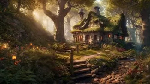 mirkwood,house in the forest,fairy village,witch's house,rivendell,fairy house