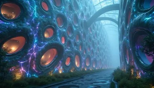 futuristic landscape,biospheres,alien world,fractal environment,cyberia,graecorum,mandelbulb,tunnel of plants,serpentarium,nidularium,labyrinths,neutrinos,apiarium,wall tunnel,arcology,mushroom landscape,plant tunnel,sensorium,neutrino,tentorium,Photography,General,Realistic