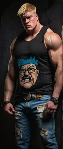 Peter Griffin, muscular man, exaggerated physique, bulging biceps, massive chest, ripped abs, veins popping out, aggressive facial expression, spiky blonde hair, intense gaze, black tank top, torn blu