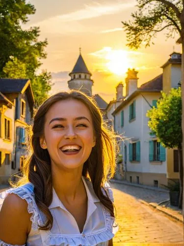 A 30-year-old French maid laughing her head off on the street.,a woman in an old fashioned dress smiles for a po,budaj,medjugorje,bosnian,girl in white dress,kosovan,zmaj,Photography,Documentary Photo