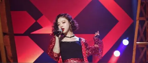 Sulli, idol, solo, (20yo), beautiful detailed eyes, light blush, curly brown hair, red lips, stage outfit, sparkly top, high-waisted shorts, fishnet stockings, high heels, microphone, confident pose, 