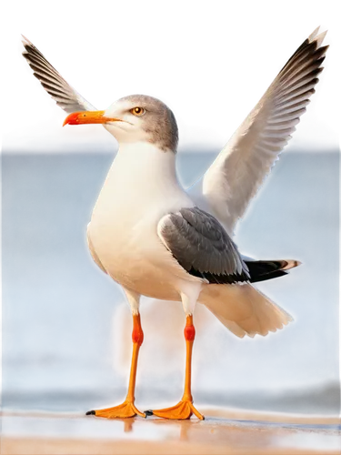 Seagull, white body, grey wings, orange beak, sharp eyes, standing, beach scene, solo, morning light, soft focus, shallow depth of field, warm color tone, 3/4 composition.,a white bird flying with one