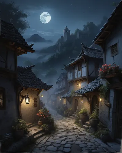 fantasy landscape,mountain village,moonlit night,night scene,mid-autumn festival,korean folk village,medieval street,alpine village,mountain settlement,fantasy picture,meteora,medieval town,spa town,lanterns,knight village,world digital painting,moonlit,huashan,guizhou,south korea,Conceptual Art,Fantasy,Fantasy 13