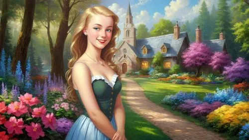 fantasy picture,fairy tale character,girl in the garden,girl in flowers,dorthy,rapunzel,fairyland,cinderella,princess anna,thumbelina,world digital painting,flower background,children's background,disneyfied,springtime background,spring background,eilonwy,landscape background,princess sofia,love background