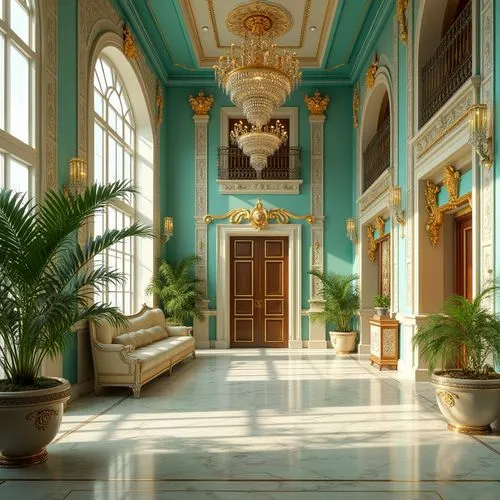 Luxurious Art Deco building, opulent golden accents, lavish ornate details, vibrant turquoise walls, bold geometric patterns, metallic silver trim, rich bronze fixtures, lavish crystal chandeliers, gl