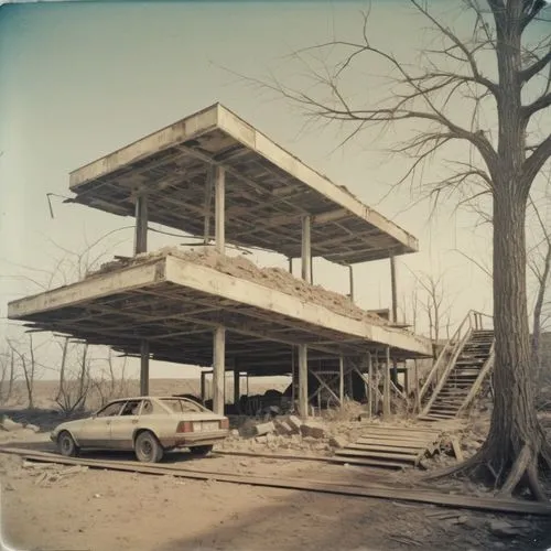 fordlandia,grandstands,station wagon-station wagon,rockaways,carports,carport,joplin,filling station,vanport,garages,drive in restaurant,grandstand,stilt house,parking lot under construction,roof construction,car park,bandstands,dilapidated,tornado damage,gas station,Photography,Documentary Photography,Documentary Photography 03