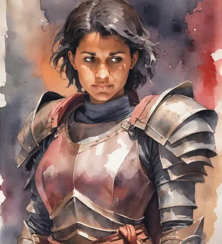 joan of arc,female warrior,jaya,warrior woman,swordswoman,watercolor sketch,kamini,tarhana,watercolor,fantasy portrait,digital painting,catarina,strong woman,dulzaina,devikund,cuirass,ashitaba,head woman,watercolor painting,strong women