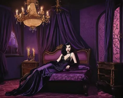 vampira,dita,dita von teese,la violetta,gothic woman,gothic portrait,rich purple,queen of the night,vampire lady,gothic style,vampire woman,gothic fashion,violet,dark purple,femme fatale,purple,burlesque,dark gothic mood,goth woman,victoria smoking,Illustration,Retro,Retro 12