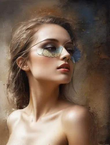 young beauty woman. naked chest,a  female with a metal eye patch,photo painting,world digital painting,silver framed glasses,photochromic,digital painting,image manipulation,airbrushing,rimless,painte