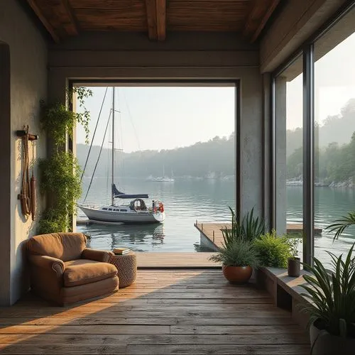 house by the water,houseboat,boat dock,boatshed,boat landscape,boat shed,boathouse,houseboats,boat house,waterfront,undock,dock,house with lake,lake view,summer cottage,deckhouse,dockside,home landscape,seaside view,floating huts,Photography,General,Realistic