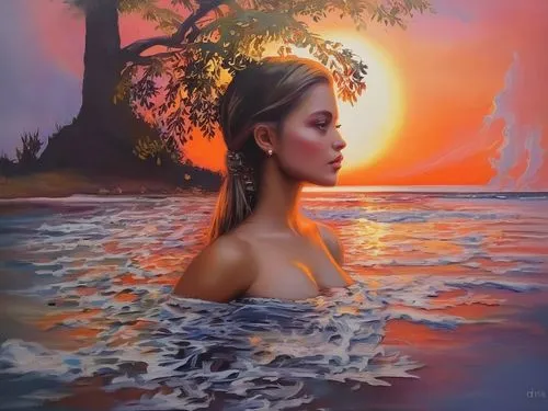 girl on the river,oil painting on canvas,water nymph,oil painting,mystical portrait of a girl,the blonde in the river,girl with tree,girl with a dolphin,fantasy art,art painting,mangroves,fantasy pict