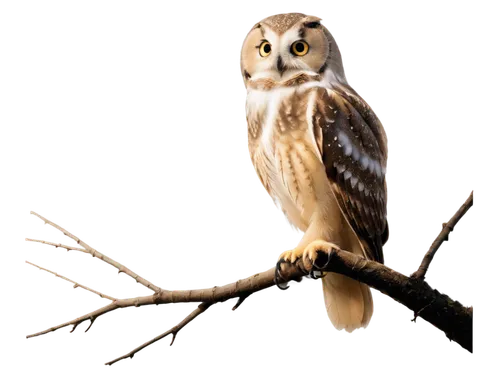 Owl, nocturnal bird, big round eyes, white facial disk, soft feathers, wings spread wide, perched on branch, moonlight, misty atmosphere, 3/4 composition, shallow depth of field, warm color tone, cine