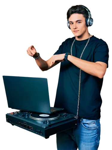 DJ, young man, headphones, black shirt, silver chain, jeans, sneakers, vinyl records, CD player, laptop, DJ console, flashing lights, dynamic pose, low-angle shot, shallow depth of field, vibrant colo