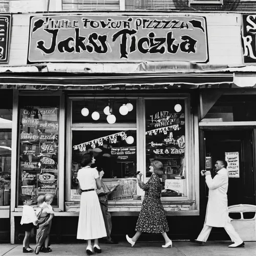 Write a funny jingle for Two Jacks Pizza!,new york restaurant,vintage 1950s,1960's,storefront,1950s,fifties,1950's,jersey city,vintage photo,1955 montclair,pizzeria,jewish cuisine,50's style,pizza ser