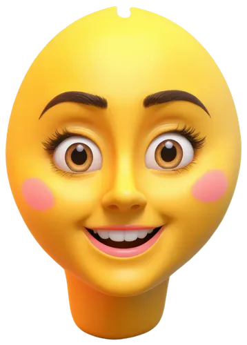 Yellow face, free smiley, rounded eyes, curved eyebrows, bright smile, shiny teeth, soft facial features, 3D rendering, vibrant colors, cute expression, slight tilt of head, front view, plain backgrou