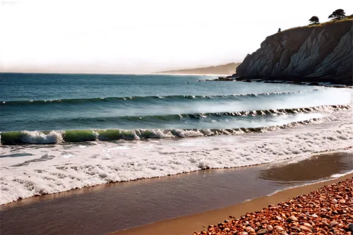 Ocean waves crashing, transparent water surface, sunlight reflection, ripples on shore, ocean spray mist, beach rocks in background, seagulls flying overhead, warm color tone, shallow depth of field, 