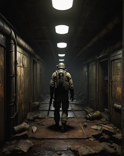 asylum,penumbra,hallway,outbreak,the morgue,fallout4,fallout shelter,fallout,hazmat suit,underground,district 9,basement,janitor,bunker,biohazard,creepy doorway,chernobyl,catacombs,hall of the fallen,respirator,Art,Artistic Painting,Artistic Painting 29