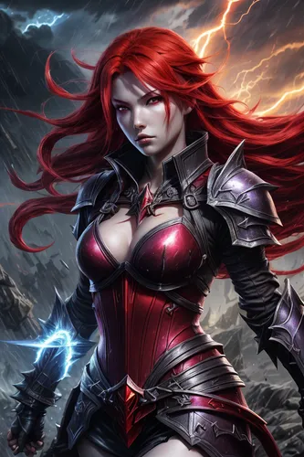 female warrior,scarlet witch,black widow,massively multiplayer online role-playing game,swordswoman,elza,red-haired,darth talon,huntress,fire siren,lightning,red,sorceress,gear shaper,fantasy art,fire background,shaper,strong woman,catarina,dark angel