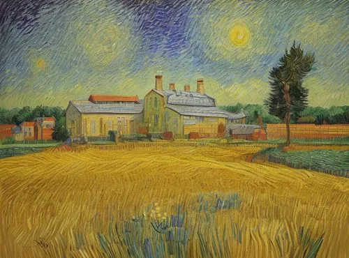 painting in the style of Vincent van Gogh,vincent,gogh,ausley,vincent van gough,agricultural scene,farm landscape,auvers,post impressionism,rural landscape,ellingson,wheatfield,suaudeau,yellow grass,h