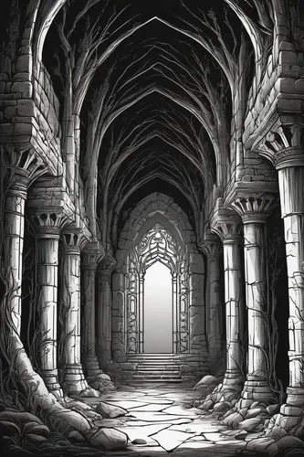 hall of the fallen,undercroft,labyrinthian,crypts,undercity,dungeon,chamber,archways,dungeons,prospal,catacombs,labyrinths,khandaq,subterranean,cavernous,corridors,undermountain,tunnels,passageways,vaults,Illustration,Black and White,Black and White 04