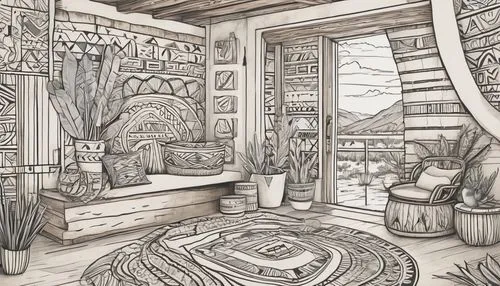 teahouse,longhouse,longhouses,tikis,watercolor tea shop,herbology,apothecary,hand-drawn illustration,coffee tea illustration,boho art style,coffee tea drawing,tiki,mayan,coloring page,ancient house,houseplants,house plants,woodcarvings,teahouses,sunroom,Illustration,Black and White,Black and White 05