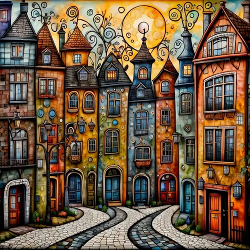 Ultra-realistic, Cute village with Large houses!,escher village,the cobbled streets,prague,david bates,houses clipart,colmar,cobblestones,rothenburg,townhouses,folk art,dresden,medieval street,cobbles