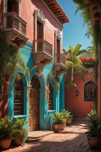 South American architecture, colorful colonial-style building, vibrant turquoise walls, ornate wooden doors, intricately carved stone facades, red-tiled roofs, grand entrance with arches, lush greener