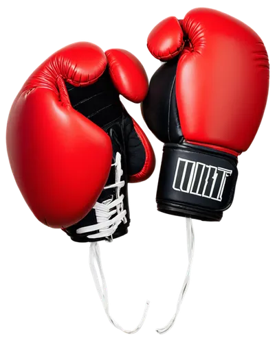 Boxing gloves, free floating, red leather, white laces, worn and torn, sweat drops, metallic buckle, fingerless, palm pad, thumb hole, soft focus, shallow depth of field, dramatic lighting, 3/4 compos