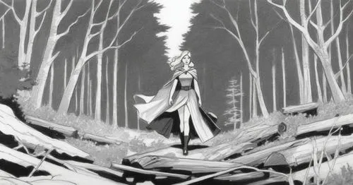 sketch, woman, forestry background, black and white,a black and white drawing of a girl in the forest,forest walk,the forest,in the forest,forest man,mirkwood,forest work,Illustration,American Style,A