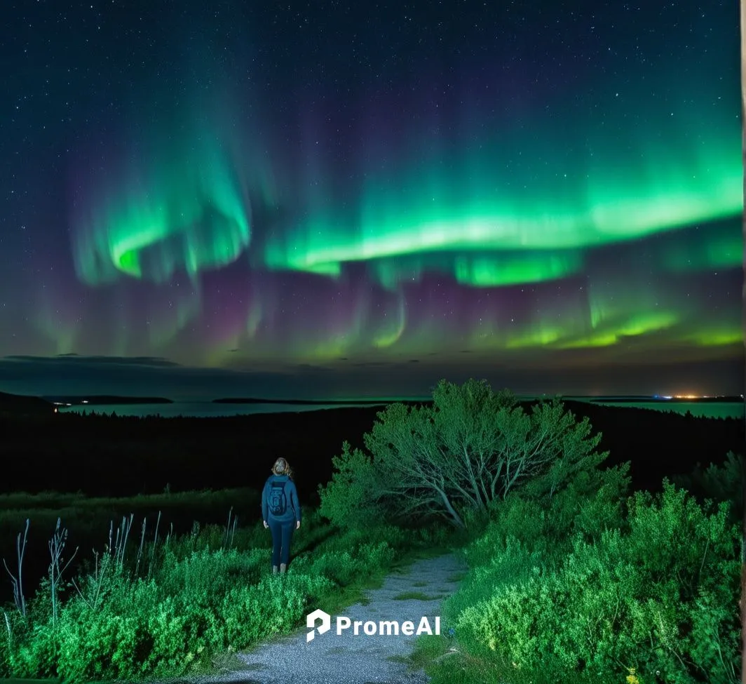 Aurora Borealis outside my front door,a woman looks out over the aurora above a tree on a hill,northen lights,auroras,norther lights,green aurora,nothern lights,northen light,Photography,General,Reali