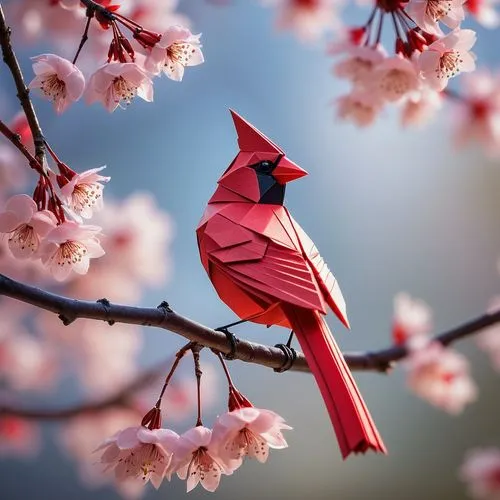 Origami cardinal, vibrant red plumage, delicate paper folds, perched on a blooming cherry blossom branch, morning sunlight, gentle dew drops, intricate paper details, subtle texture, 3/4 composition, 