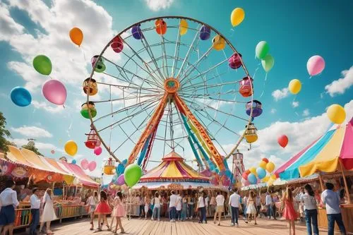 Vibrant amusement park, joyful Ferris wheel, colorful balloons floating in air, happy children laughing, playful clown entertaining crowd, sweet cotton candy stall, bright sunny day, fluffy white clou