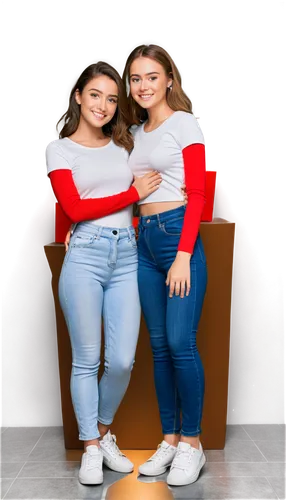 Two girls, best friends, smiling faces, bright eyes, casual hairstyles, natural makeup, white tops, high-waisted jeans, sneakers, leaning on each other, arms around shoulders, warm lighting, shallow d