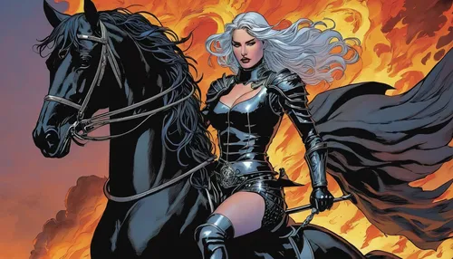 The sex female character Ghost Knight black horse fire  in the sky,heroic fantasy,black horse,horseback,fantasy woman,fire horse,queen of the night,horseman,dark elf,goddess of justice,sorceress,eques