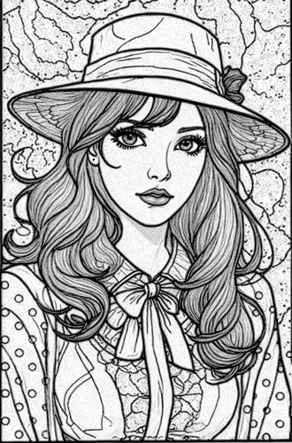 . stained glass style
   ,a woman in a cowboy hat is wearing long wavy hair,coloring page,coloring pages,coloring pages kids,halloween line art,lineart,mono-line line art,Design Sketch,Design Sketch,B