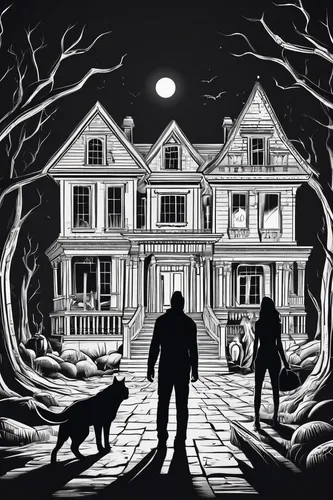 the haunted house,haunted house,halloween poster,witch house,creepy house,house silhouette,witch's house,halloween illustration,halloween and horror,werewolves,haunted castle,halloween scene,halloween line art,haunted,house,ghost hunters,ghost castle,halloween background,bram stoker,werewolf,Illustration,Black and White,Black and White 04