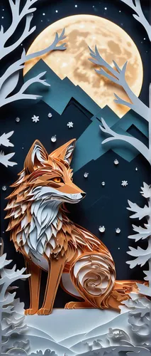 Depict a mystical fox with glowing eyes in a moonlit snowy landscape.,northern shoveler,tyto longimembris,killdeer,ruffed grouse,nocturnal bird,fox and hare,roadrunner,gryphon,bird illustration,coyote