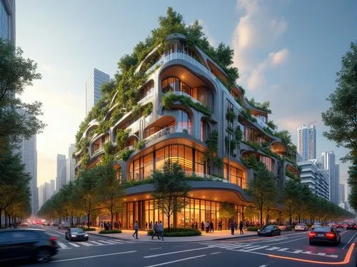 Modern cityscape, fusion architecture building, mixed-use development, glass and steel façade, curved lines, green rooftop garden, vertical forest, urban oasis, busy street scene, people walking, cars