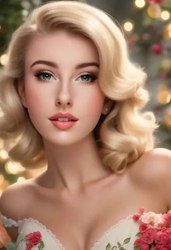 Beautiful blonde in real-life Elvgren pin-up style, florist, photorealistic,blonde girl with christmas gift,pin up christmas girl,christmas woman,realdoll,christmas pin up girl,marylyn monroe - female