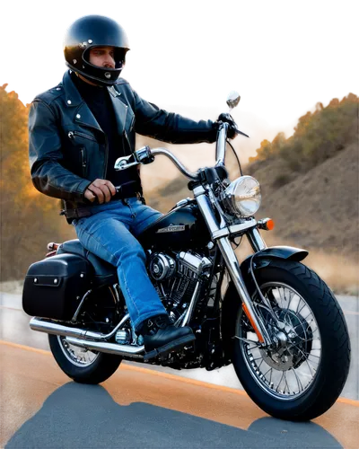 Harley Davidson motorcycle, shiny black body, chrome pipes, detailed engine, soft leather saddle, classic headlight, nostalgic license plate, rider's hands gripping handlebars, worn denim jeans, black