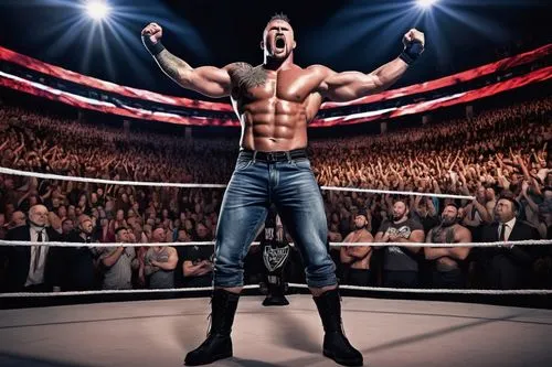 Muscular man, WWE wrestler, intense gaze, short hair, sweat, tattoos, muscular chest, six-pack abs, wrestling singlet, boots, confident stance, raised arms, dramatic lighting, dynamic composition, are