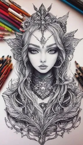 pencil art,lotus art drawing,fantasy portrait,pencil drawing,ballpoint pen,mechanical pencil,medusa,pencil drawings,violet head elf,fantasy art,color pencil,mandala drawing,celtic queen,coloured pencils,color pencils,pen drawing,filigree,graphite,colourful pencils,hand-drawn illustration,Illustration,Abstract Fantasy,Abstract Fantasy 14