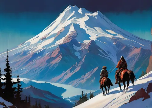 mountain scene,mountain spirit,mount hood,snowy peaks,mountains,camel peak,high mountains,snowy mountains,mountain,mountain peak,the spirit of the mountains,mountaineers,snow mountains,moutains,two-horses,snow mountain,mountain landscape,denali,mountain range,giant mountains,Conceptual Art,Oil color,Oil Color 04