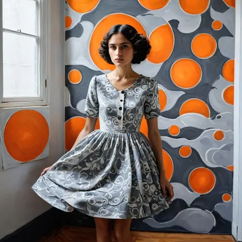 polka dot dress,vintage dress,a girl in a dress,dotty,shirtdress,musidora,vintage woman,kurti,vintage women,denim fabric,vintage fashion,sixties,retro woman,a floor-length dress,vintage girl,orange dots,scodelario,marimekko,girl in a long dress,sewing pattern girls,Illustration,Abstract Fantasy,Abstract Fantasy 12